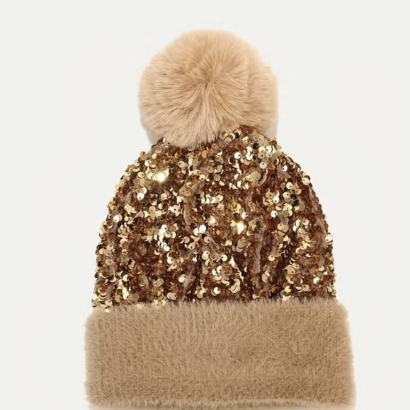 Accessories - Bronze Sequin Pom Beanie